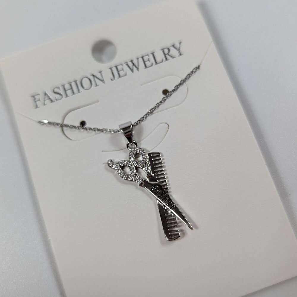Stylist Hair Dresser Silver Tone Scissors Comb Charm Necklace